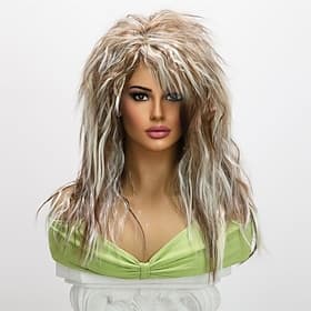 20-inch Synthetic Wig for Women - 70S 80S Long Wavy Curly Brown White Wig Punk Rocket Heat Resistant Wig - Ideal for Carnival Parties and Costume Cosplay Hallo