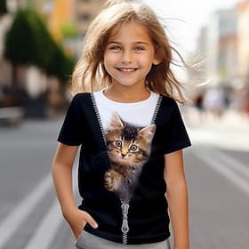 Girls' 3D Cat Tee Shirts Short Sleeve 3D Print Summer Active Fashion Cute Kids 3-12 Years Crew Neck Outdoor Casual Daily Regular Fit