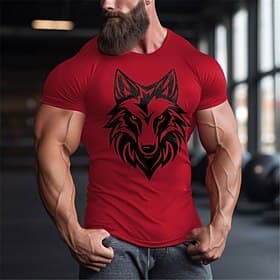 T-shirt graphique à manches courtes pour hommes avec tête de loup pour l'entraînement et le style de vie