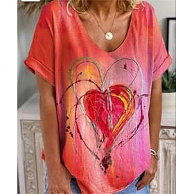 Valentine Women's Heart T Shirt Cute Red Tee Print Weekend Fashion Short Sleeve V Neck Red Summer Spring  Fall