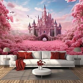 Pink Castle Hanging Tapestry Wall Art Large Tapestry Mural Decor Photograph Backdrop Blanket Curtain Home Bedroom Living Room Decoration