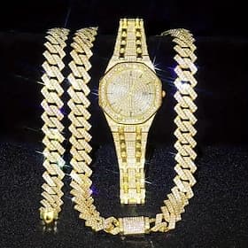 3pcs/set HipHop Mens Rhinestone Watch  Necklace  Bracelet Set, Mother's Day Gift