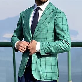 Men's Blazer Business Cocktail Party Wedding Party Fashion Casual Spring   Fall Polyester Plaid Buttons Casual / Daily Single Breasted Blazer Green