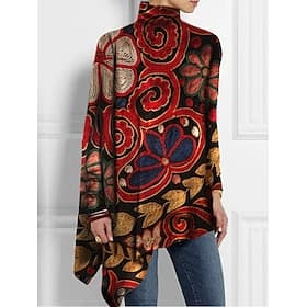 Women's T Shirt Fashion Floral Print Asymmetric Hem Long Sleeve Long Tops High Neck Casual Holiday Red Blue Green Spring   Fall