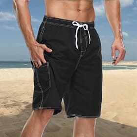 Men's Swim Trunks Board Shorts Going out Weekend Quick Dry Breathable Drawstring Elastic Waist with Pockets Plain Knee Length Gymnatics Casual Activewear Black