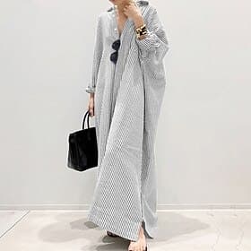 Dames Maxi-jurk 100% Katoen Hemdjurk Shirtjurk Kaftanjurk Basic Casual Dagelijks Buiten Vakantie Ruim Passend Gestreept Lange mouw Overhemdkraag blauw Zwart Wi
