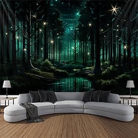 Schwarzlicht Wandteppich, UV-reaktiv, im Dunkeln leuchtender Lampenpfosten, trippige, neblige Naturlandschaft, Wandteppich, Wandbild für Wohnzimmer, Schlafzimm