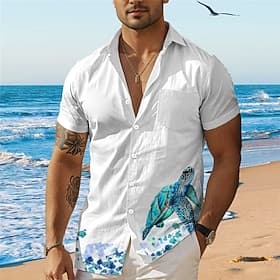 Hombre Tropical Tortuga camisa hawaiana Camisas estampadas Mangas cortas Camisa Cuello Vuelto Hawaiano Complejo Exterior Vacaciones Festivos Blanco Azul Piscin