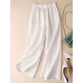 Women's Cotton Linen Pants Wide Leg Chinos Summer Pants Fashion Streetwear Simple Ankle-Length High Waist Plain Maillard Pocket Elastic Waist Baggy Comfort Bre