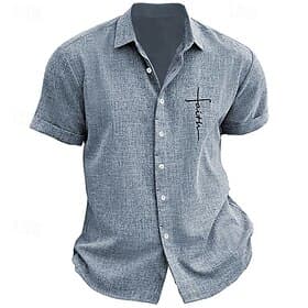 Men's Faith Button Up Shirt Printed Shirts Short Sleeve Business Casual Street Wear to work Going out Summer Turndown Print Button-Down Navy Blue Blue Purple G