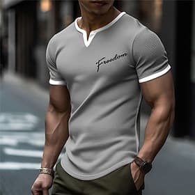 Men's Graphic Patchwork Letter Waffle T Shirt Short Sleeve T shirt 3D Print V Neck Shirt Designer Retro Vintage Casual Sports Outdoor Holiday Going out Blue Li