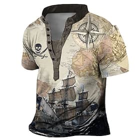 Ship Pirate Skulls Men's Vintage Retro 3D Print Henley T Shirt Tee Daily Vacation Going out T shirt Blue Purple Khaki Henley Shirt Summer Clothing Apparel S M