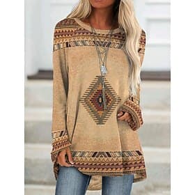Women's Plus Size T Shirt Tunic Shirts Geometric Plaid Vintage Tunic Ethnic Long Sleeve Round Neck Long Tops Casual Print Marron Yellow Light Green Wine Red Fa