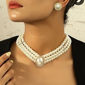 Damen-Vintage-Perlenhalskettenset mit Strass-Anhänger – eleganter mehrlagiger Perlenschmuck für Hochzeiten und formelle Anlässe