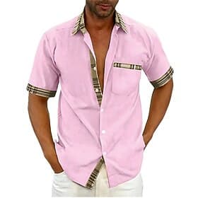 Men's Shirt Summer Shirt Button Up Shirt Black White Pink Red Purple Short Sleeve Color Block Plaid / Check Turndown Street Casual Button-Down Clothing Apparel