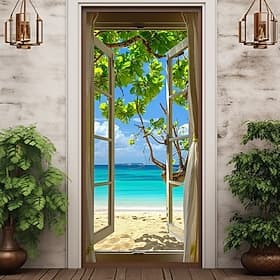 Window View Beach Door Covers Mural Decor Door Tapestry Door Curtain Decoration Backdrop Door Banner Removable for Front Door Indoor Outdoor Home Room Decorati