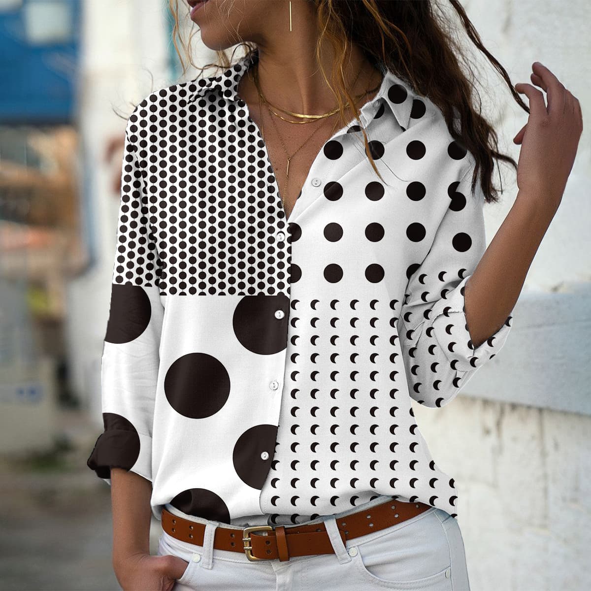 Camisa de mujer de lino ligera y transpirable tipo camisón con cuello de manga larga print de moda tops regulares casual blanca primavera y otoño