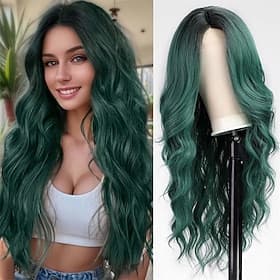 Long Ombre Green Wavy Wig for Women 26 Inch Middle Part Curly Wig Natural Looking Synthetic Heat Resistant Fiber Wig for Daily Party Use St.Patrick's Day Wigs