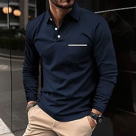 Herren Poloshirts Golfshirt Lässig Ferien Revers Klassisch Langarm Mode Basic Einfach Einfarbig Knöpfe Sommer Normale Passform Hellgrau Dunkelgrau Weiß Dunkelm