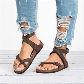 sandales plates à lanières marron pour femmes – semelle en liège confortable avec boucle réglable, chaussures de plage d'été décontractées