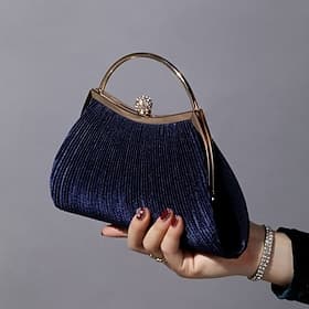 Pochette de soirée bleu marine pour femme – élégant sac à main en velours plissé avec poignée dorée et fermoir en strass, parfait pour les mariages, les fêtes