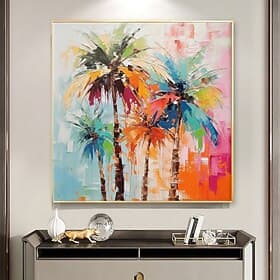 Handmade Oil Painting Canvas Wall Art Decoration Modern Plant Flower Coloured Coconut Tree Knife Painting for Home Living Room Hallway Decor Rolled Frameless U