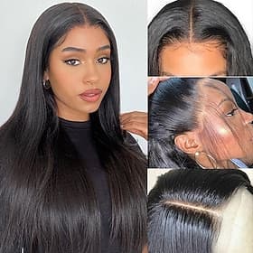 Perruque Cheveux Naturel Rémy Dentelle frontale en T 13x4x1 Cheveux Brésiliens Lisse Naturel Raie au milieu Femmes Densité 150% we say baby hair Ligne de Cheve
