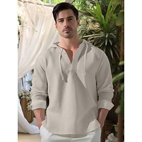 100% Linen Men's Linen Shirt Shirt Beach Shirt Black White Dark Navy Long Sleeve Plain Hooded Spring Fall Outdoor Daily Clothing Apparel
