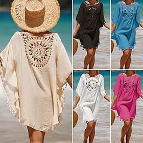 Per donna Costumi da bagno Copricostume Vestito da spiaggia Costume da bagno Uncinetto Vacanza Abbigliamento da Spiaggia Tinta unica Girocollo Maniche Corte Co