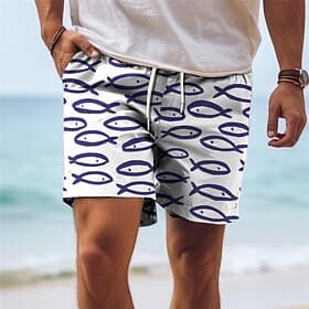 Men's Fish Swim Trunks Swim Shorts Board Shorts Mid Waist Vacation Hawaiian Holiday Vacation Holiday Beach Drawstring with Mesh lining Elastic Waist Designer C