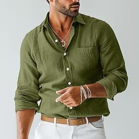 Men's Shirt Linen Shirt Summer Shirt Beach Wear Button Up Shirt Plain Vacation Casual Black Blue Brown Khaki Long Sleeve Lapel Spring  Summer Clothing Apparel