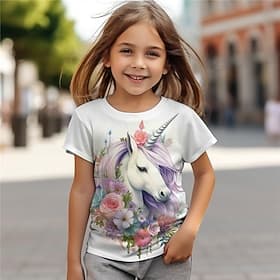 Mädchen 3D Einhorn T-Shirt Hemden Rosa Kurzarm 3D-Druck Sommer Aktiv Modisch Kuschelig Polyester kinderkleidung 3-12 Jahre Rundhalsausschnitt Outdoor Casual Tä