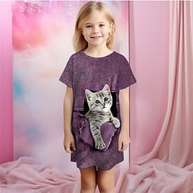 Mädchen 3D Katze Pyjamas Nachthemd Kurzarm 3D-Druck Sommer Aktiv Modisch Kuschelig kinderkleidung 3-12 Jahre Rundhalsausschnitt Heim Normal Innen Regular Fit