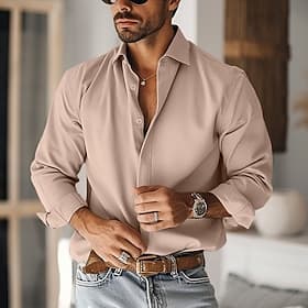 Men's Shirt Summer Shirt Casual Shirt Button Up Shirt Black White khaki Long Sleeve Plain Lapel Vacation Daily Clothing Apparel Cotton Cotton Blend Fashion Cas