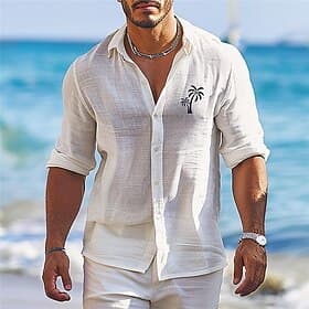 Men's Linen Shirt Beach Shirt Graphic Shirt Palm Tree Vacation Curise White Blue Long Sleeve Turndown Spring  Summer Clothing Apparel Print