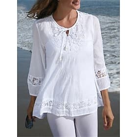 Dame Skjorte مزيج القطن Blondeskjorte Bluse Blonde Lapper عادي Grunnleggende Moderne 3/4 ermer Crew-hals Vanlige topper Avslappet Svart Hvit Vin Navyblå Sommer