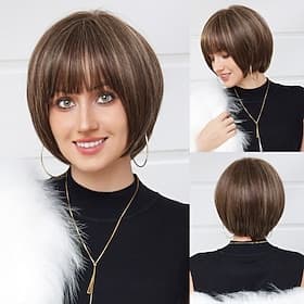 Mistura do cabelo humano Peruca Curto Reta natural Corte Pixie Parte lateral Corte em Camadas Corte Assimétrico Marrom Fantasias Modelador e modelador Riscas N