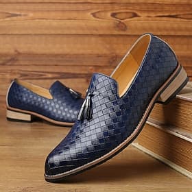 Mocasines negros de piel sintética tejida para hombre con detalle de borlas y suela de madera: elegantes zapatos sin cordones para ocasiones formales e informa