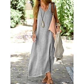 Damen Maxikleid Shiftkleid Sommerkleid Baumwoll-Leinen-Kleider Freizeitkleid Urlaub Basic Modern Täglich Wochenende Lässiger Schnitt Einfach Ärmellos V Ausschn