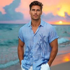 Men's Shirt Graphic Hawaiian Fashion Casual Linen Shirt Button Up Shirt Short Sleeve Daily Hawaiian Vacation Spring   Fall Lapel Print Blue Green Gray 55%Flax