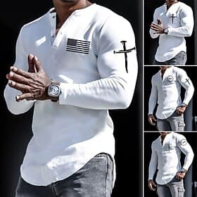 4th of July 2026 250th Memorial Day Men's Designer Graphic National Flag Henley Long Sleeve T-Shirt Casual Sports Street
