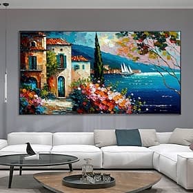 Hand painted  Mediterranean Landscape Oil Painting on canvas Impressionist Mediterranean-sea painting Canvas Art Textured Coastal painting Wall Art painting fo