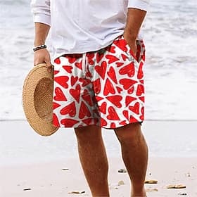 Men's Heart Swim Trunks Swim Shorts Board Shorts Mid Waist Vacation Hawaiian Holiday Vacation Holiday Beach Drawstring with Mesh lining Elastic Waist Designer