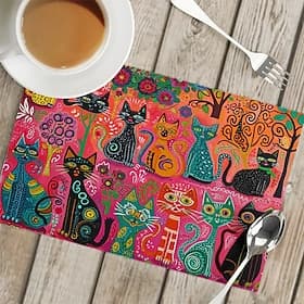 Linens Dining Table Placemats Doodle Art Cat Series Waterproof Oil Proof and Insulated Household Dining Table Mats Heat Resistant Waterproof Oil Proof and Insu