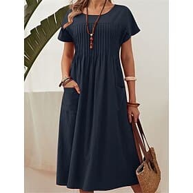 Women's Midi Dress 100% Cotton Shift Dress Casual Dress Vacation Basic Modern Daily Weekend Loose Fit Plain Short Sleeve Crew Neck Red Navy Blue Green Summer S