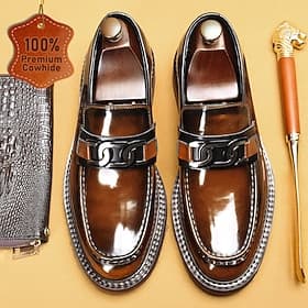 Men's Premium Cowhide Leather Loafers with Glossy Finish, Chain Detail - Formal Dress Shoes for Business, Weddings Special Occasions