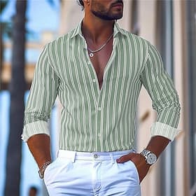 Men's Dress Shirt Printed Shirts Stripe Outdoor Street Royal Blue Blue Green Long Sleeve Turndown Spring  Summer Clothing Apparel Print