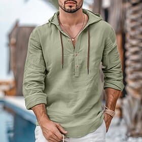 Men's Shirt Linen Shirt Summer Shirt Beach Shirt White Blue Brown Long Sleeve Plain Hooded Spring  Summer Casual Daily Clothing Apparel