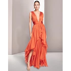 Beach Wedding A-Line Prom Dresses Elegant Dress Formal Summer Asymmetrical Sleeveless V Neck Chiffon with Ruched