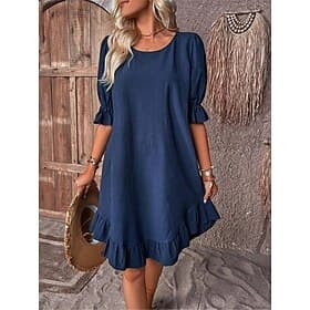 Women's Midi Dress Linen-feel Dresses Shift Dress Cotton Summer Dress Casual Daily Vacation Loose Fit Plain Half Sleeve Crew Neck Black Red Navy Blue Green Sum